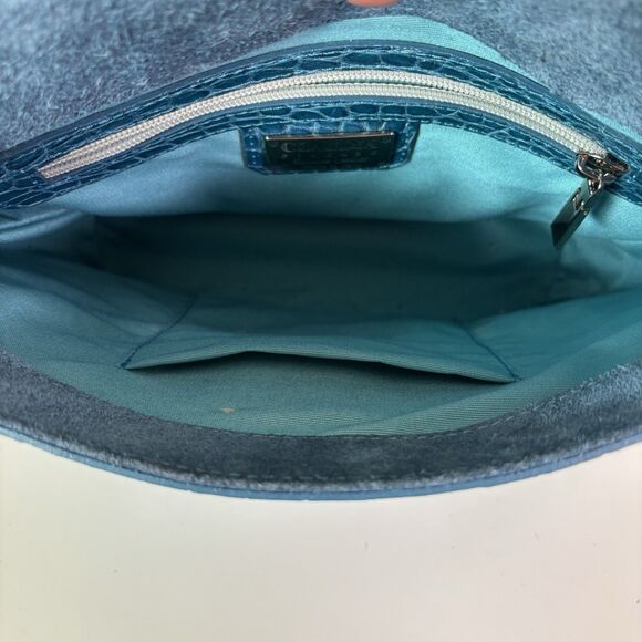 Claudia Firenze Teal Leather Croc-Embossed Handbag Rope Handle Chic Purse Italy - Picture 16 of 16